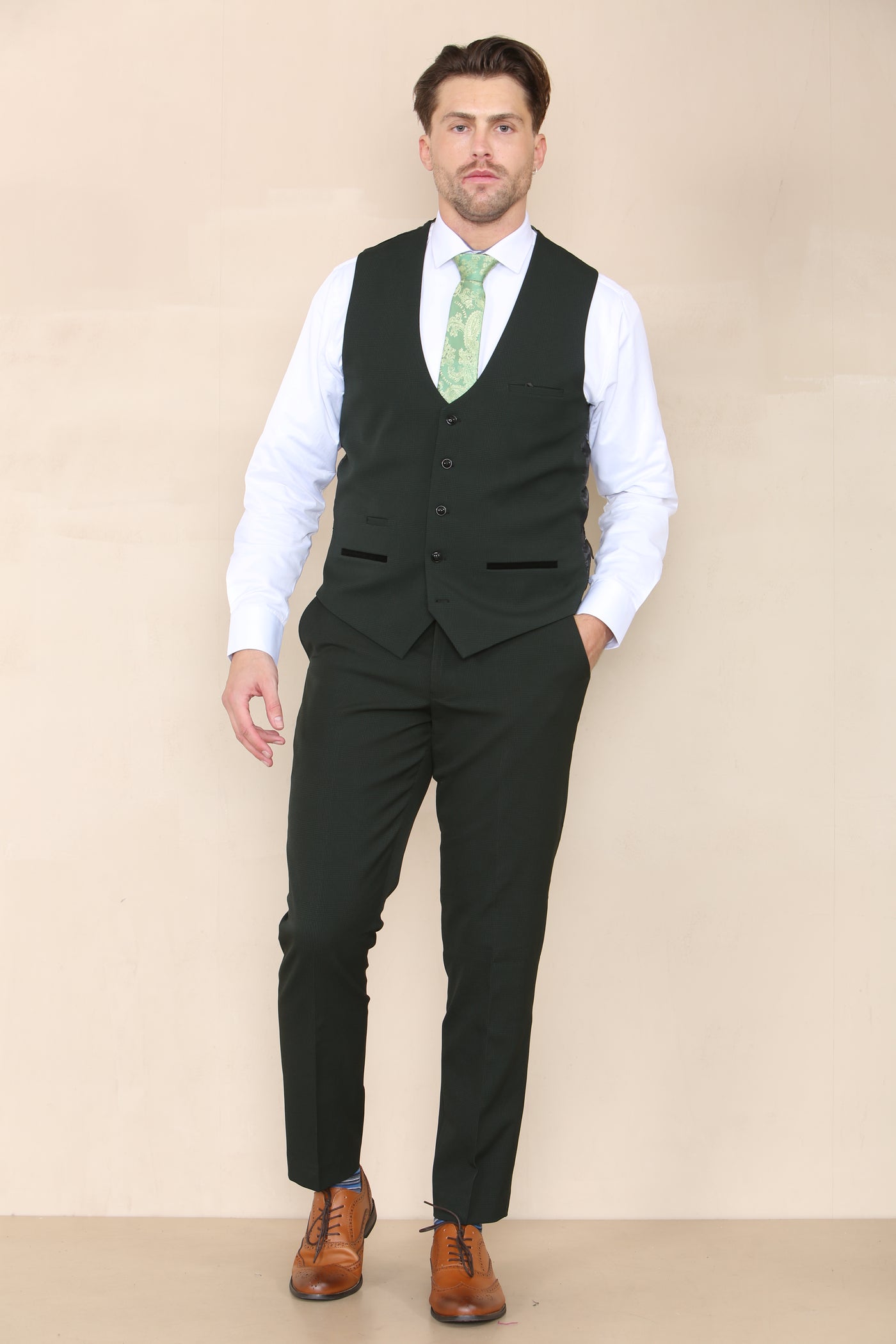 BROMLEY - Olive Check Three Piece Suit