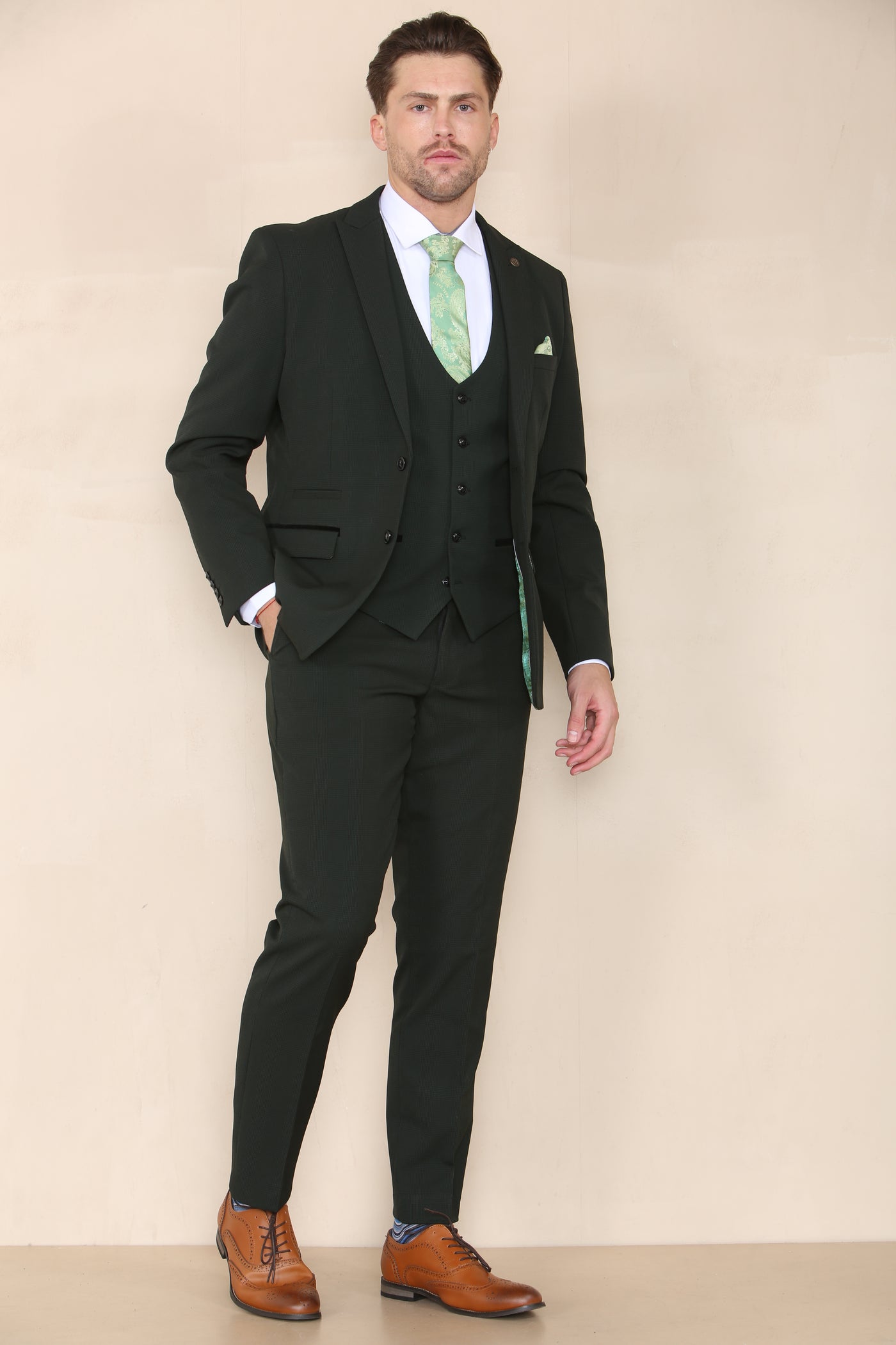 BROMLEY - Olive Check Three Piece Suit