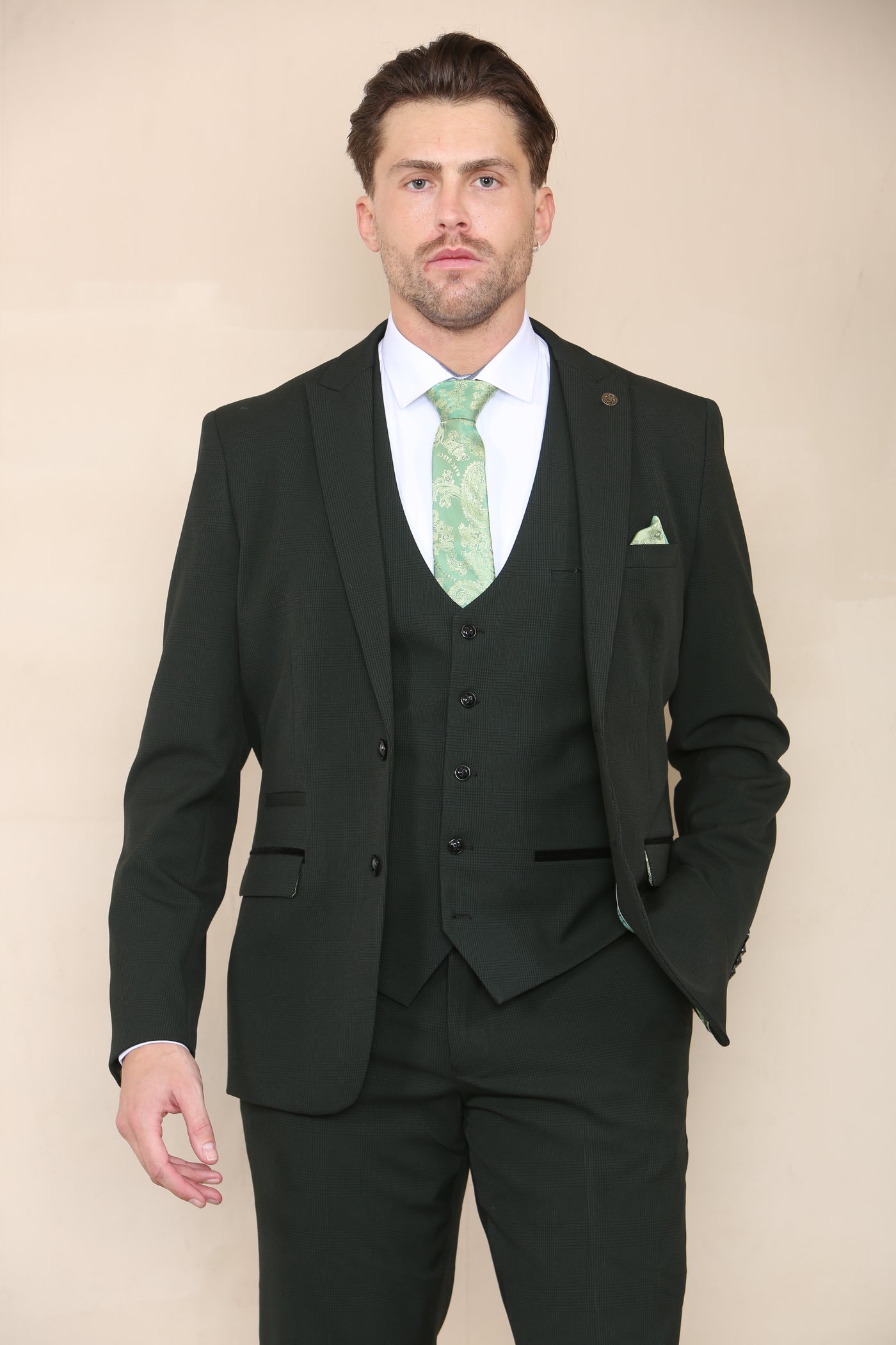 BROMLEY - Olive Check Three Piece Suit