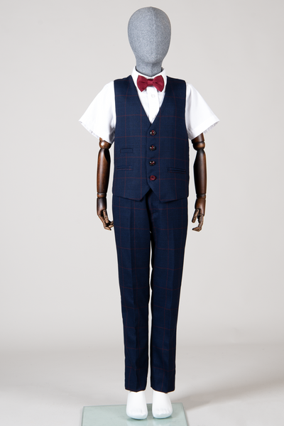 EDINSON - Children's Navy Wine Check Print Three Piece Suit