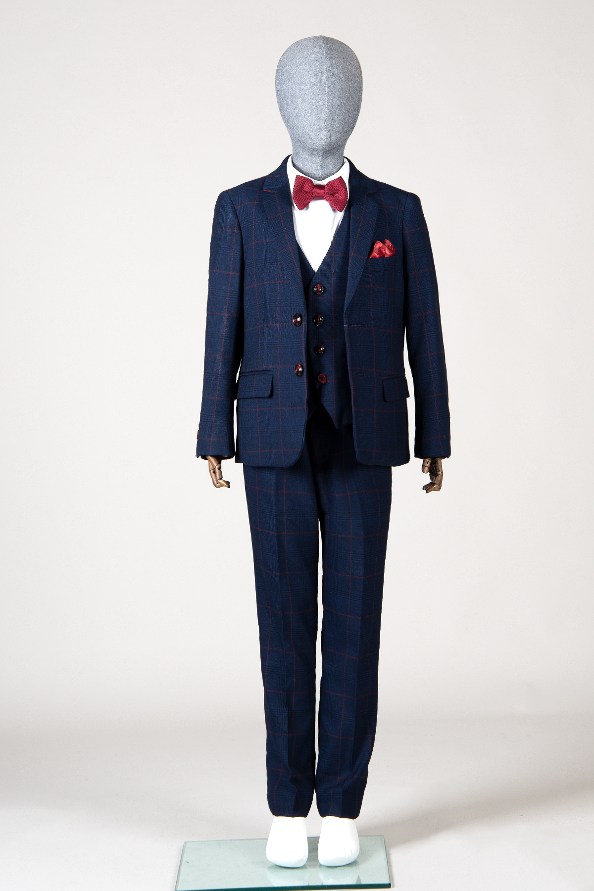 EDINSON - Children's Navy Wine Check Print Three Piece Suit