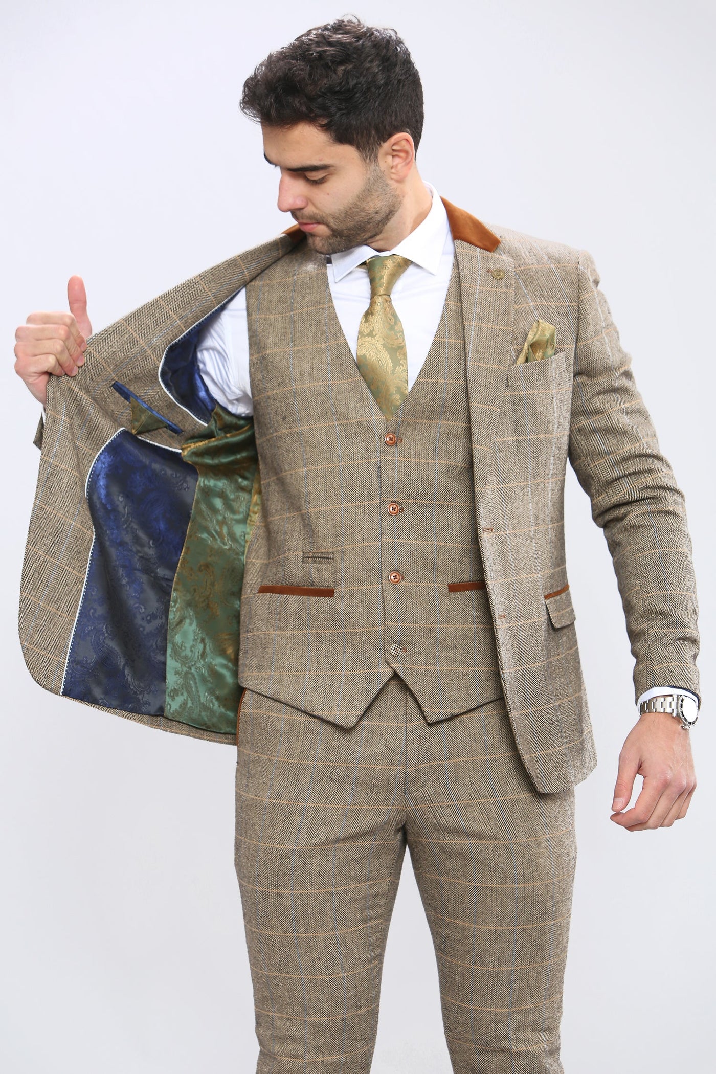 DX7 - Tan Tweed Check Blazer Three Piece Suit