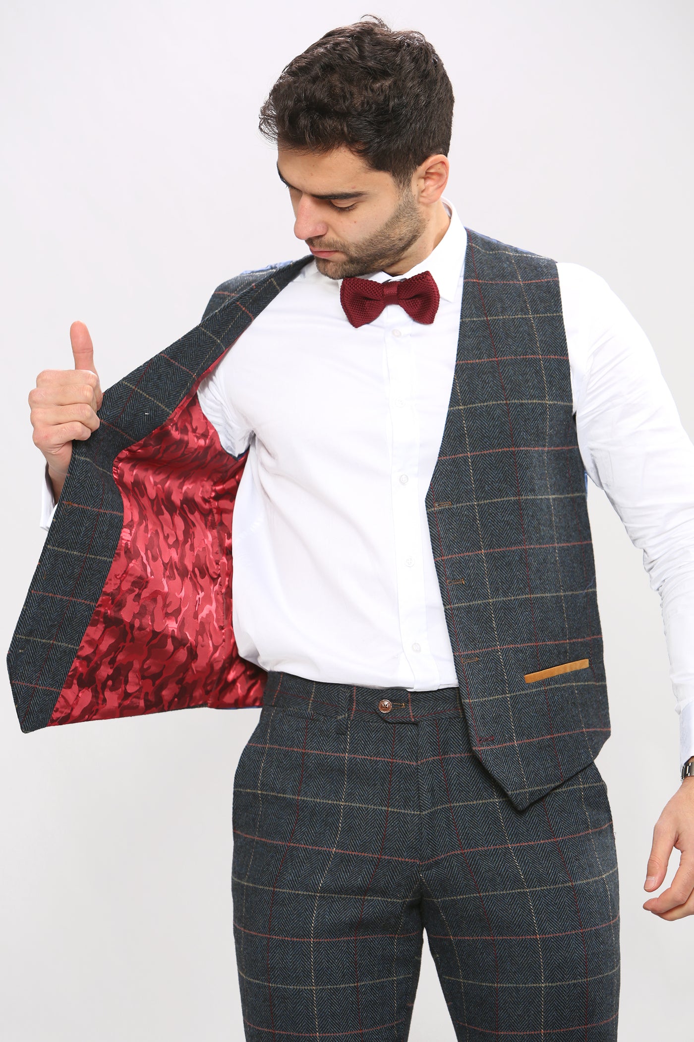 LEE ETON - Single Breasted Navy Blue Tweed Check Waistcoat