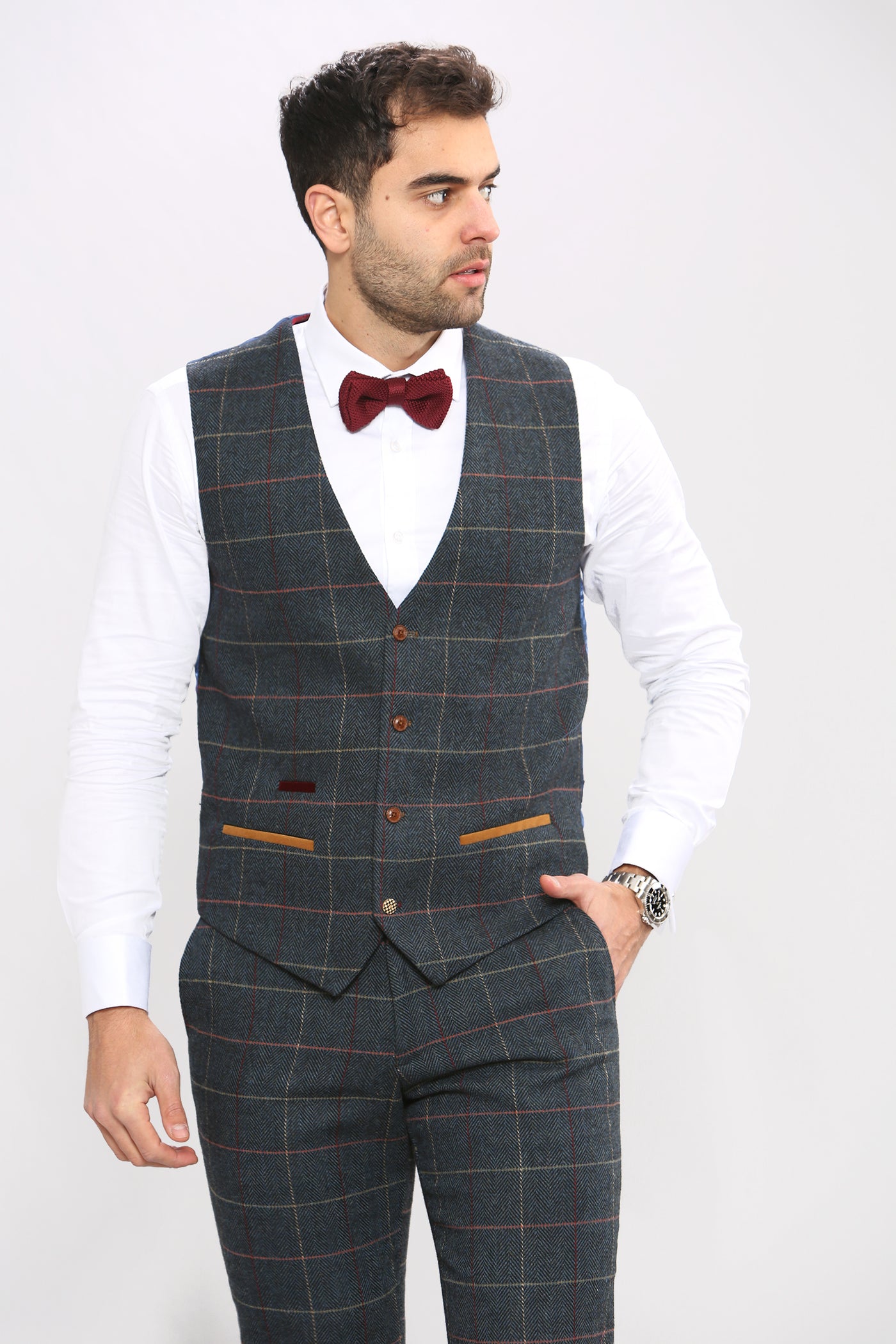 LEE ETON - Single Breasted Navy Blue Tweed Check Waistcoat