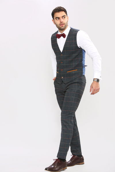 LEE ETON - Single Breasted Navy Blue Tweed Check Waistcoat