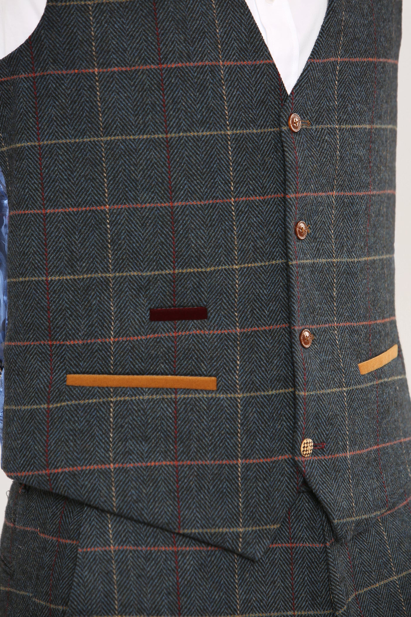 LEE ETON - Single Breasted Navy Blue Tweed Check Waistcoat