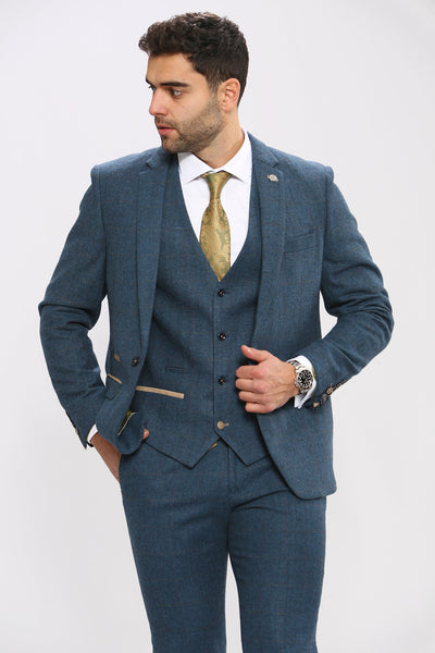DION - Blue Tweed Check Blazer Three Piece Suit