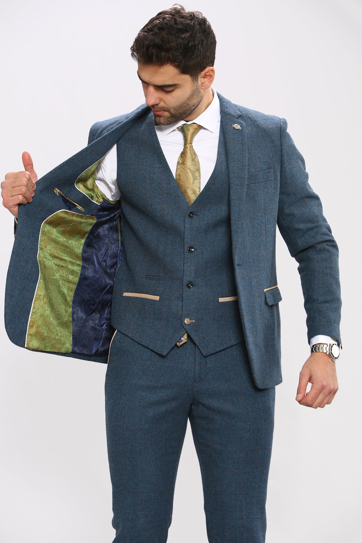 DION - Blue Tweed Check Blazer Three Piece Suit