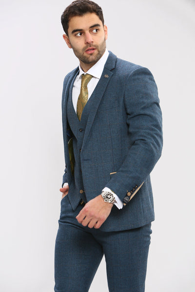DION - Blue Tweed Check Blazer Three Piece Suit