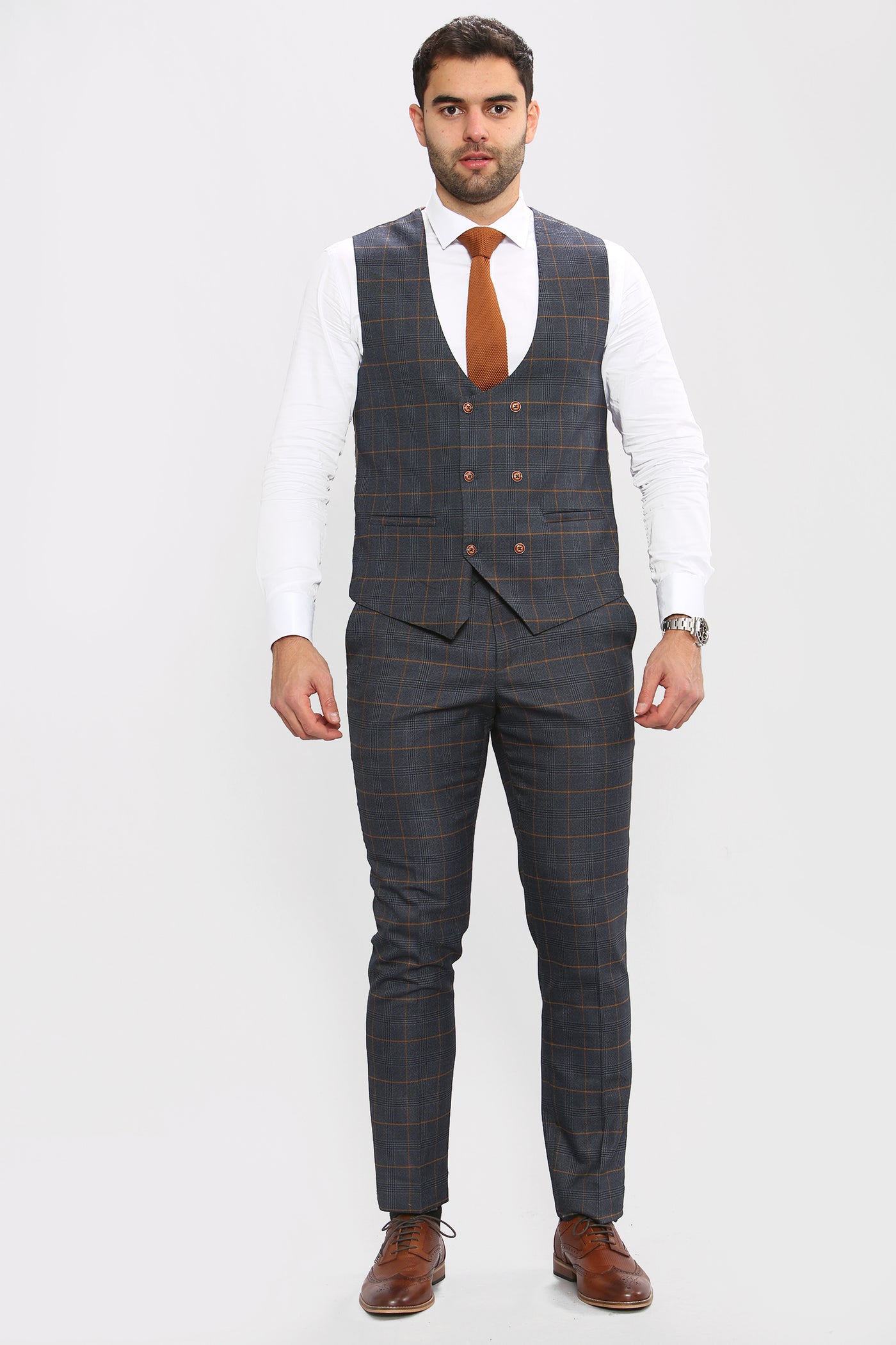 JENSON - Marine Navy Check Double Breasted Waistcoat
