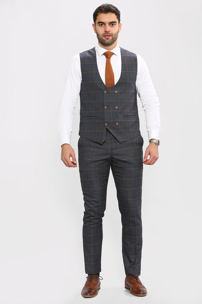 JENSON - Marine Navy Check Double Breasted Waistcoat