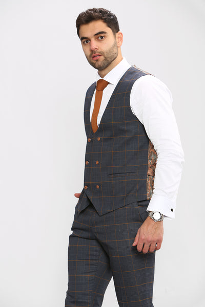 JENSON - Marine Navy Check Double Breasted Waistcoat