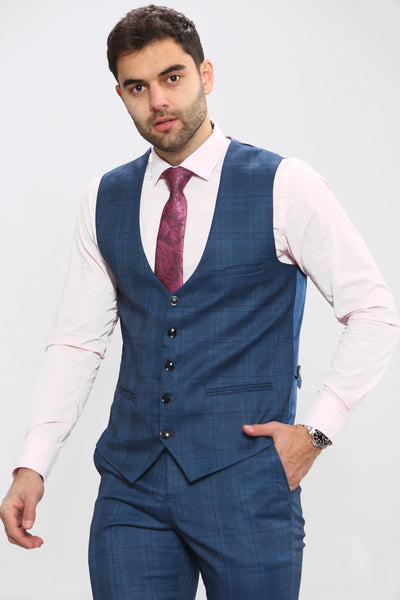 JERRY - Blue Check Single Breasted Waistcoat