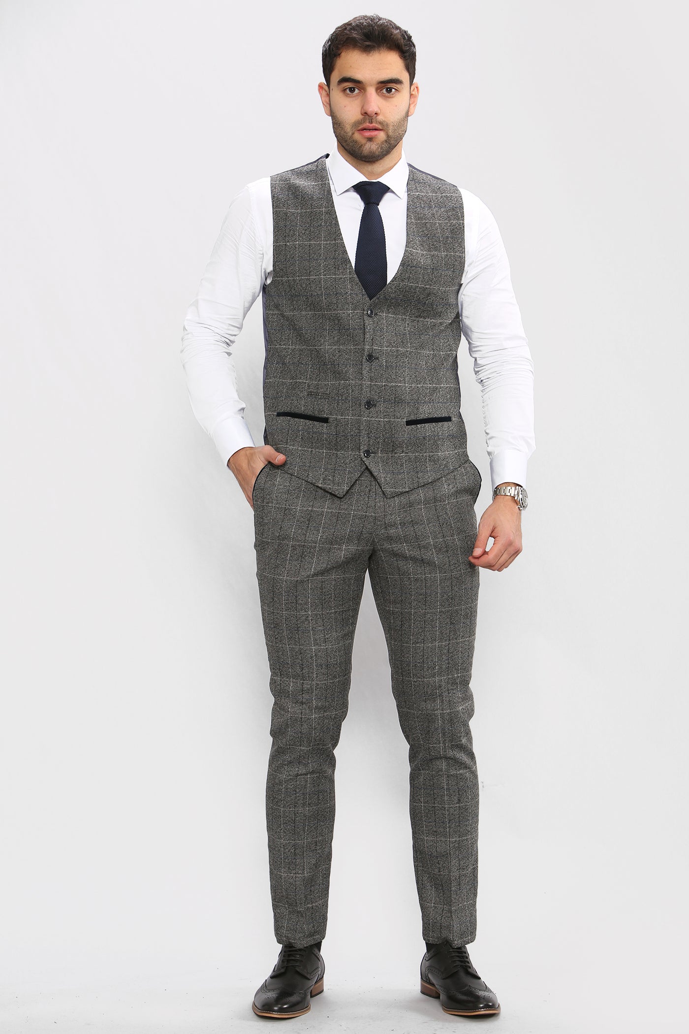 LEN SCOTT - Grey Tweed Check Waistcoat