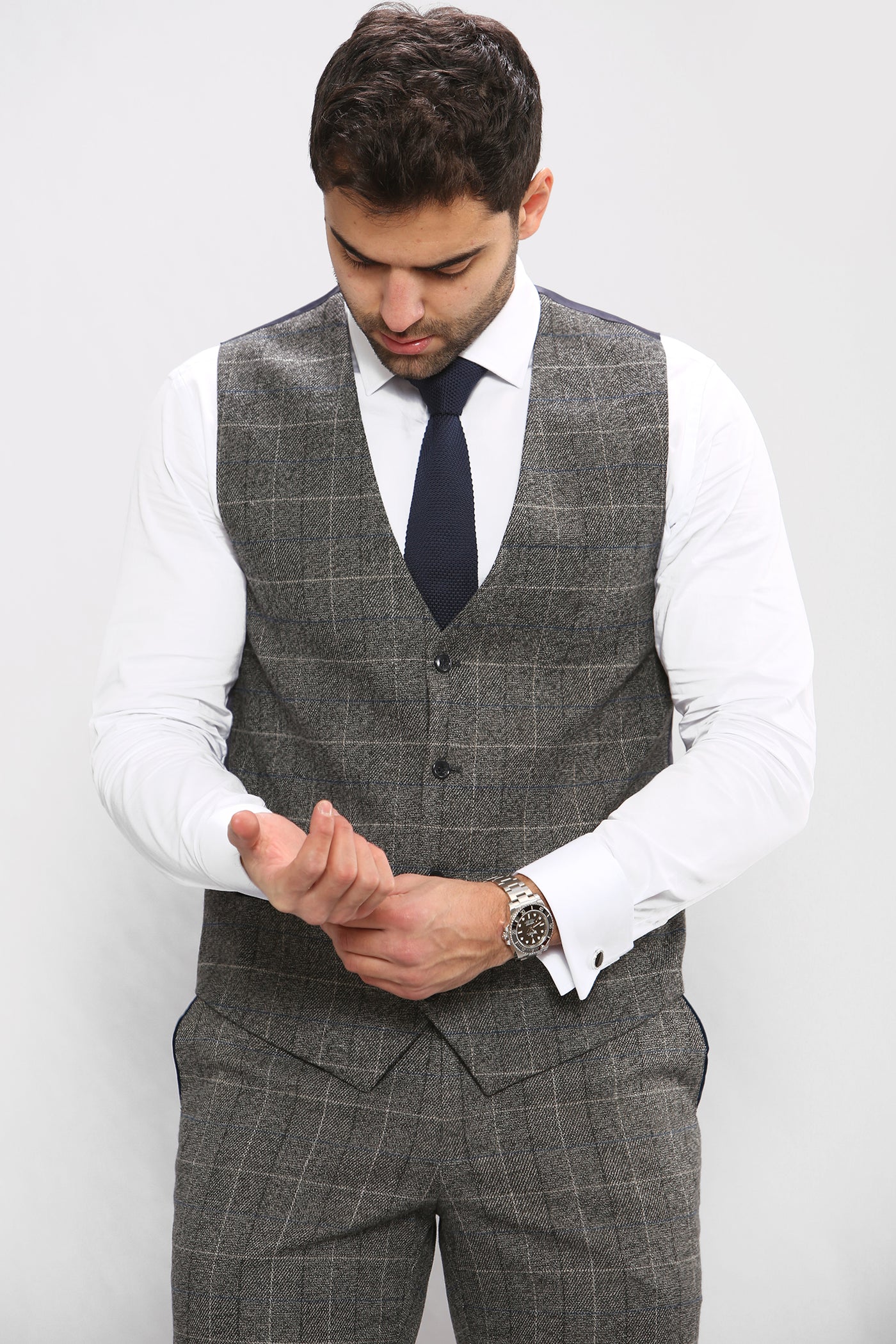 LEN SCOTT - Grey Tweed Check Waistcoat