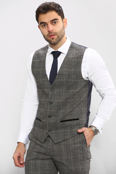SCOTT - Grey Tweed Check Three Piece Suit