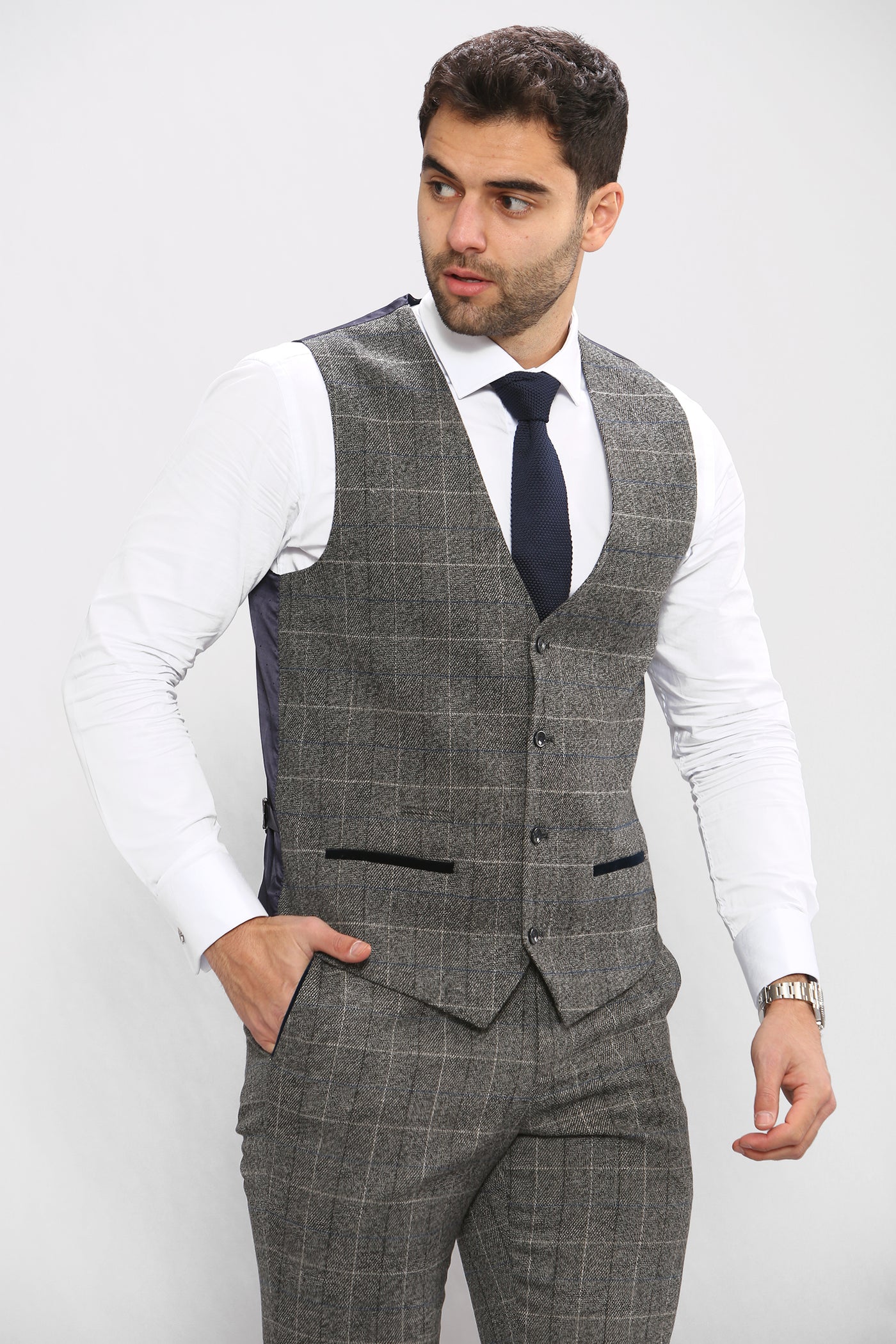 LEN SCOTT - Grey Tweed Check Waistcoat