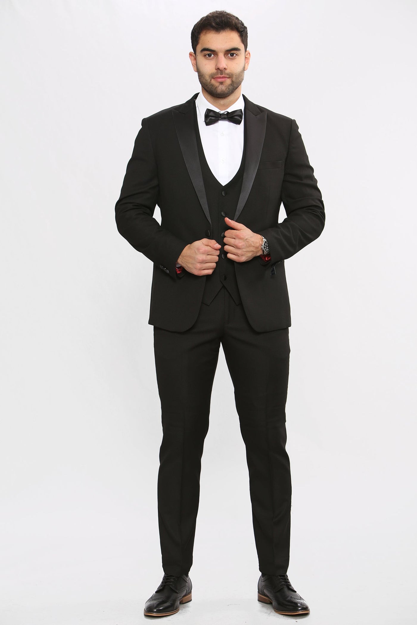 DALTON - Black Tux Lapel Diamond Three Piece Suit