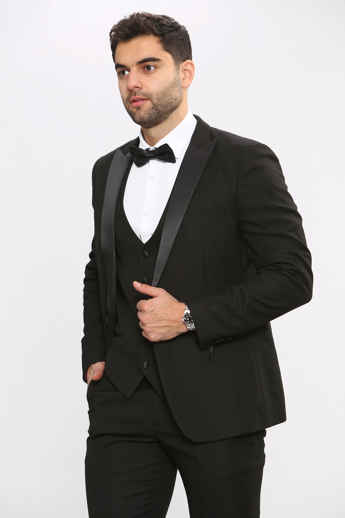DALTON - Black Tux Lapel Diamond Three Piece Suit