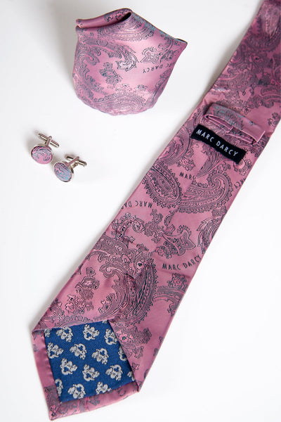 MD PAISLEY - Baby Pink Paisley Tie, Cufflink and Pocket Square Set