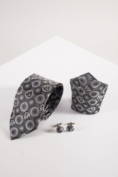 BUBBLES - Grey Bubble Circle Print Tie, Cufflink and Pocket Square Set