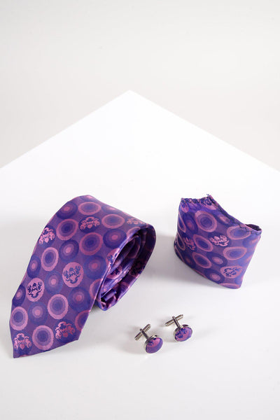 BUBBLES - Purple Bubble Circle Print Tie, Cufflink & Pocket Square