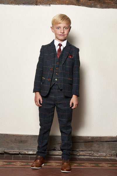 ETON - Childrens Navy Blue Tweed Check Three Piece Suit