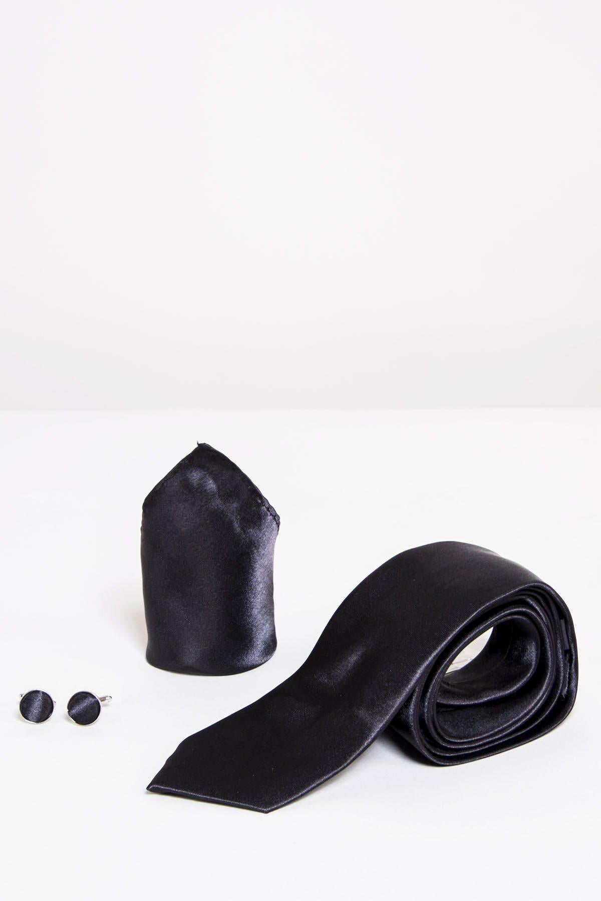 ST - Satin Tie, Cufflink & Pocket Square Set In Black