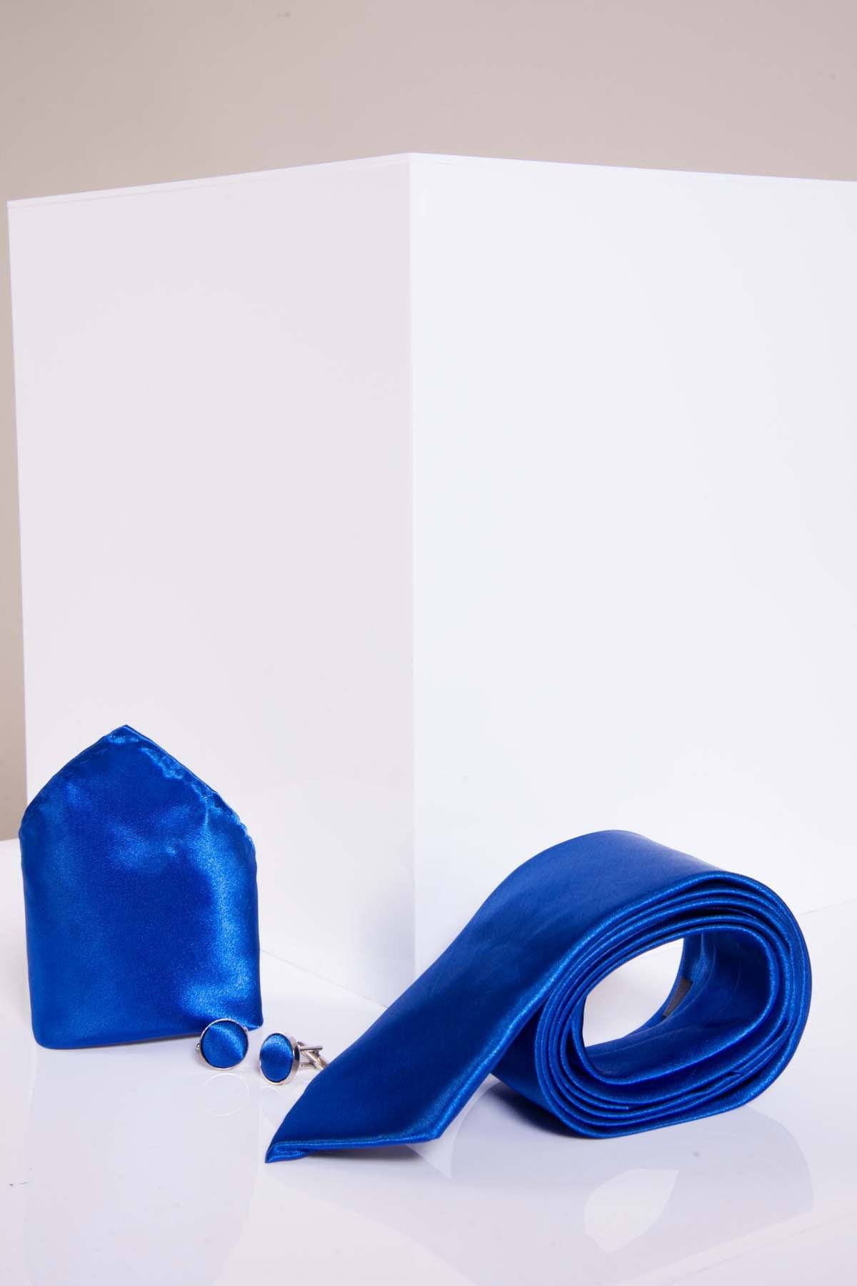 ST - Satin Tie, Cufflink & Pocket Square Set In Royal Blue