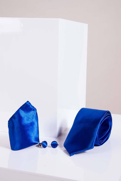 ST - Satin Tie, Cufflink & Pocket Square Set In Royal Blue