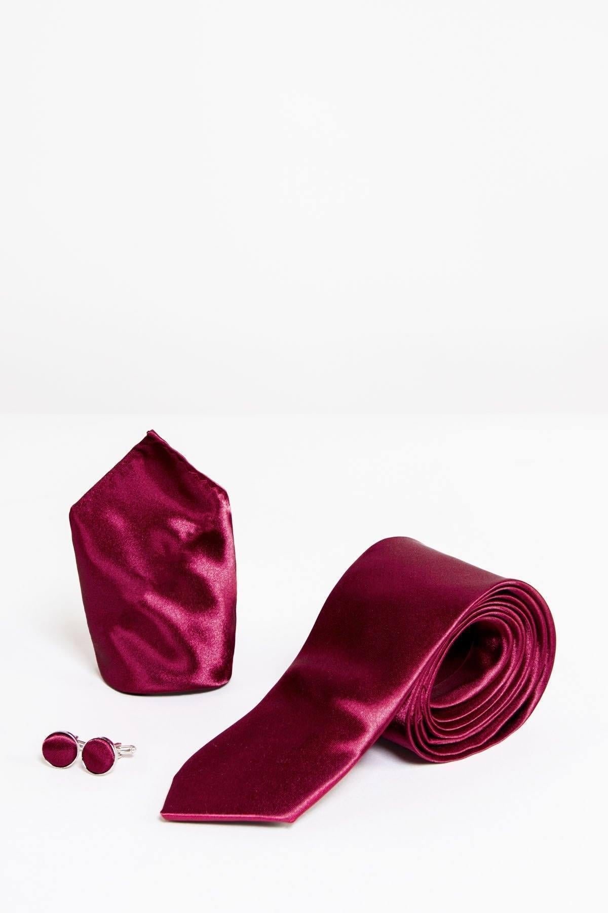 ST - Satin Tie, Cufflink & Pocket Square Set In Wine