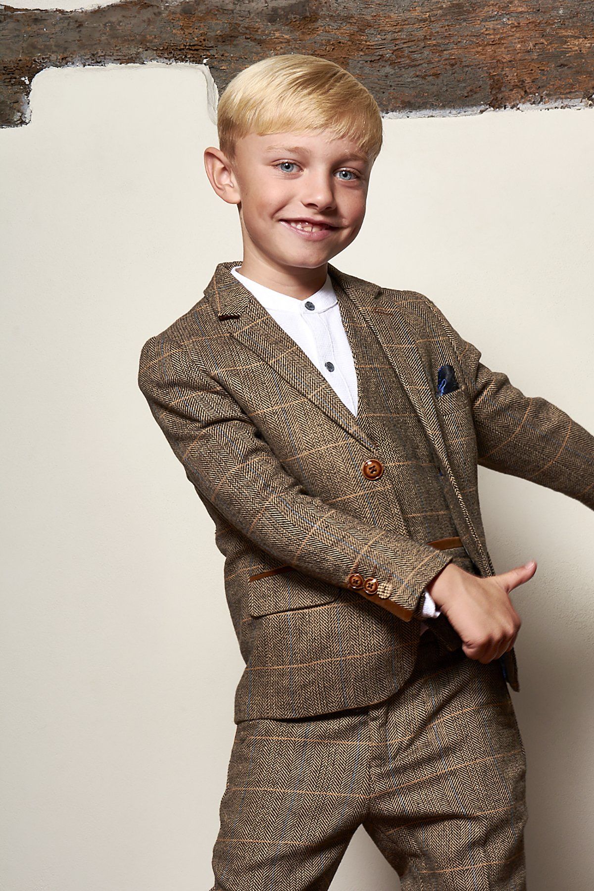 TED - Childrens Tan Tweed Check Three Piece Suit