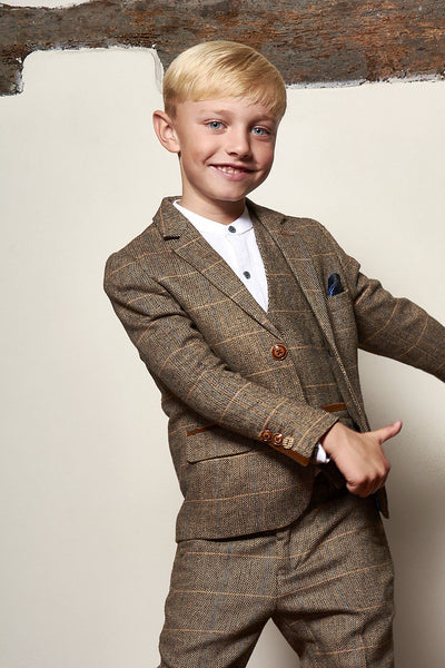 TED - Childrens Tan Tweed Check Three Piece Suit