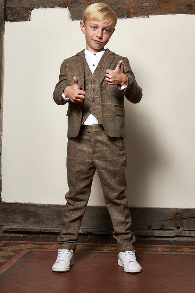 TED - Childrens Tan Tweed Check Three Piece Suit