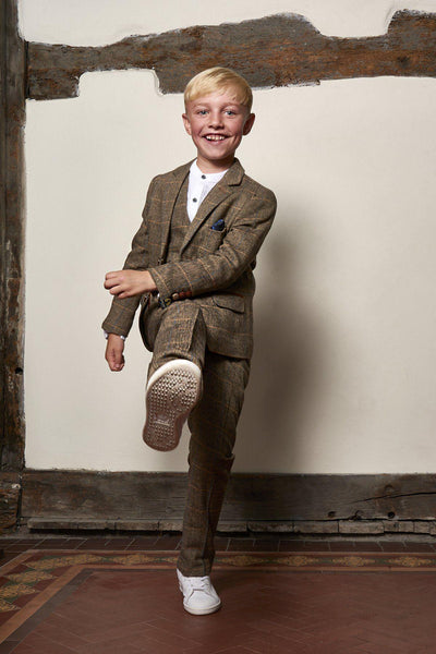TED - Childrens Tan Tweed Check Three Piece Suit