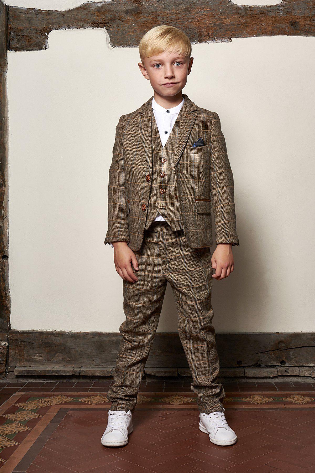 TED - Childrens Tan Tweed Check Three Piece Suit